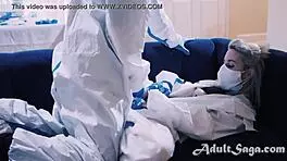 Masked lovers engage in cautious taboo play, starting with blowjobs and footjobs before intense doggystyle and squirting.