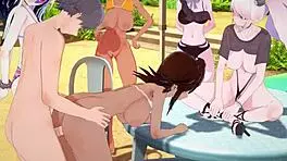 Danganronpa Girls Ride In Intense Reverse Gangbang Cumshot