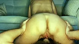 The young submissive neighbor bent over, showing her shaved pussy as I licked her tight hairless muff in doggystyle.