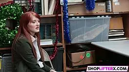 Teen 18+ shoplifter gets caught by police officer and gives blowjob to his monster cock in the office