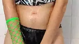 in the steamy shower, a petite latina teen cums through her soaked panties, her small tits and nipples exposed