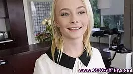 You know that tiny blonde babe giving a blowjob to that big cock? She's petite with small tits.