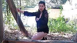 Brunette Woman in Public Uses Toy While Voyeur Watches