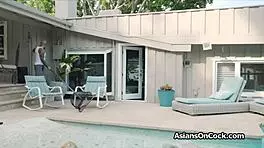 Asian beauty in bikini sucks big black cock by the pool