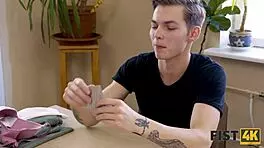 The goddess with perky titties lets her neighbor fist her pussy on the desk.