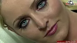 busty blonde slut receives cumshot in mouth after sex