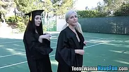 Amateur teen 18+ lesbians in threesome party with oral and masturbation