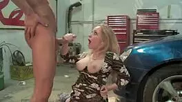 Horny blonde with big tits gets banged and face fucked by mechanic