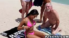 Lovely Teen Banged in Missionary with Fat Dicks on Beach