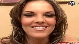 Brunette teen plays with feet and gets cumshot.