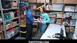 Thief teen 18+ redhead caught and punished hard in the garage by strict officer.