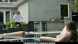 Bouncy boobed jackie hoff seduces her boyfriend by the pool