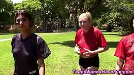 At the party, horny amateur teen 18+ gives handjob and fingering