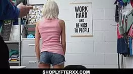 Nerdy blonde teen caught shoplifting, bent over for doggystyle fucking.