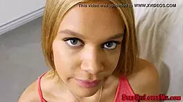 Horny teen stepsister performs sucking and handjob in POV. She masturbates to cumshot.