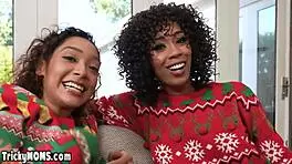 ebony milf and black teen share huge white dick in threesome 😈