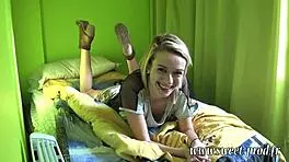 Eighteen Year Old Stepsister Exhibits In Bedroom On Bed Before Sucking Deepthroats