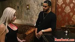 Who roughly drills busty babe in bondage at hostel?