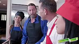 Sexy brunette teens get pounded in kitchen while kissing