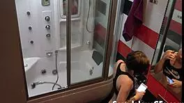 tattooed brunette ex-girlfriend showering nude with shaved pussy and petite ass for masturbation