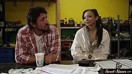 Ebony teen sucks cock intensely before getting banged hard in multiple positions.