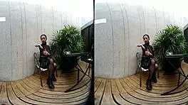 Wow! Young 18+ Girl Smokes Topless in Leather Skirt at Vrpussyvision!