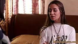 Stepmom Orally Pleasures Shaved Teen Beauty with Big Tits.