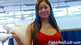 A bigtit eurobabe gets her shaved pussy licked by a tattooed teen during wrestling