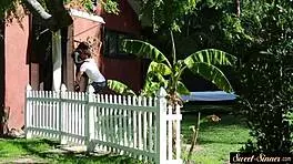 the stepsister sucked cock before getting pounded outdoors in the taboo roleplay.