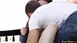 the stepsister sucked cock before getting pounded outdoors in the taboo roleplay.