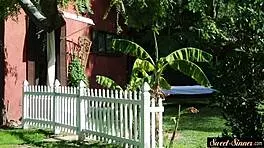 the stepsister sucked cock before getting pounded outdoors in the taboo roleplay.