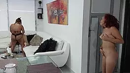 bony gets horny watching stepsisters fuck in living room with strapon dildo