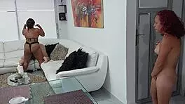 bony gets horny watching stepsisters fuck in living room with strapon dildo