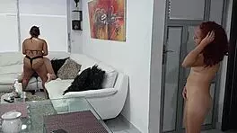 bony gets horny watching stepsisters fuck in living room with strapon dildo