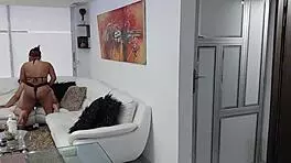 bony gets horny watching stepsisters fuck in living room with strapon dildo