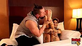 Beautiful Inked Redhead Lady Velvet Foot Fucks Lucky Fetish Pervert. Watch Her Dominate on Bed!