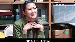 punished thief jade noir begs officer for mercy to avoid jail troubles in garage blowjob.