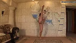 Teen Gymnast Stretches Legs, Showing Off Huge Tits!