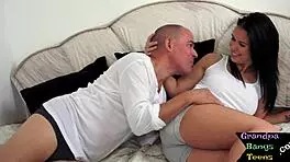 Cute Raven Teen 18+ Sucking Grandfather's Cock and Riding Him