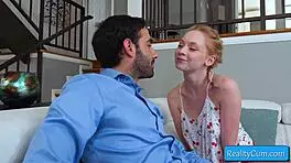 blonde teen 18+ athena rayne sucks huge cock on sofa