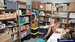Caught shoplifting? Petite teen sucks big cock in shop.