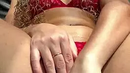 Curly Blonde Squirts Intensely On Sofa Outdoors