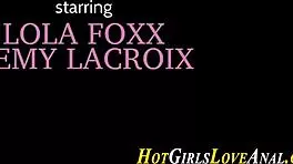 Cute Lesbian Brunette with Tattoos and Heels Gets Her Big Ass Toyed Anal for the First Time