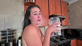 Sloppy blowjob deepthroat leads to swallowing pee and fruit shake with small tits in pov close-up