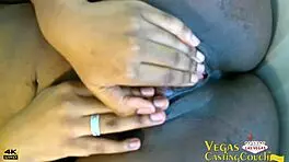 Watch this ebony milf get her ass fucked in the bedroom during casting in Vegas. She throated, masturbated in doggy, and had a bound hitachi orgasm.