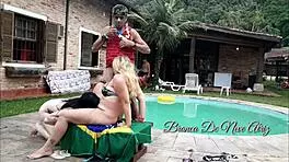Young Brunette Joins Couple in Poolside Threesome