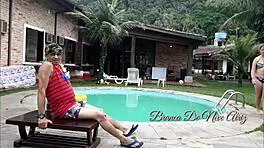 Young Brunette Joins Couple in Poolside Threesome