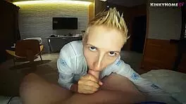 amateur girl gives a blowjob and swallows cum