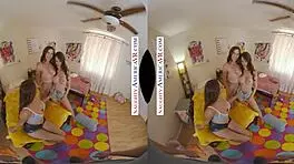 naughty america's college co-eds charly summer, kourtney rae, and penelope kay team up for lesbian blowjob and deepthroat fun with a hunk