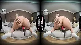 Blonde Kira Teases Her Natural Tits While Masturbating Pussy with Toys in VR